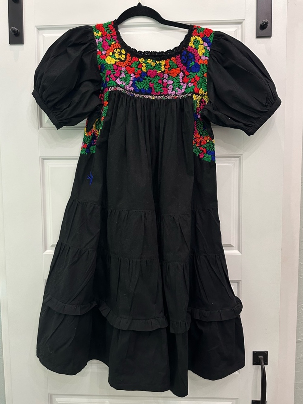 Mi Golondrina Black Dress with Multicolor Floral Embroidery XS